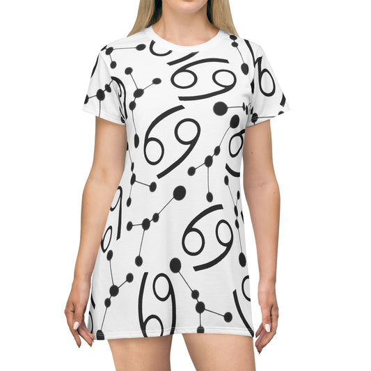 T-Shirt Dress (AOP), 100% Polyester, White thread color, Cancer Zodiac design