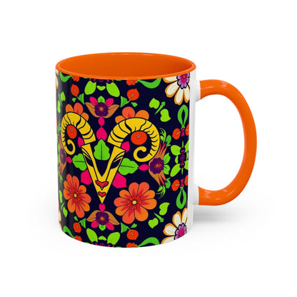 Accent Coffee Mug, Aries, Zodiac v2, Flower Pattern, (11, 15oz)