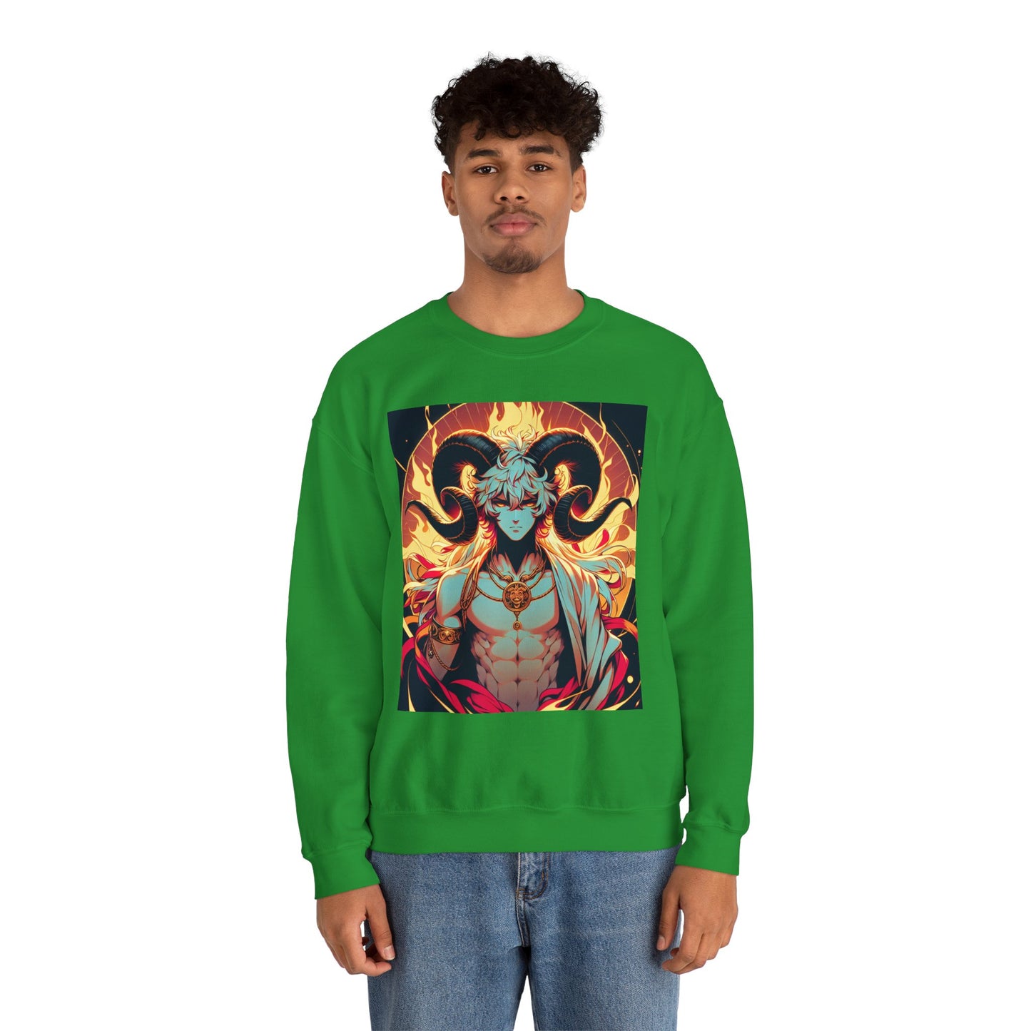 Unisex Heavy Blend™ Crewneck Sweatshirt, Anime Fire Aries, Zodiac Design