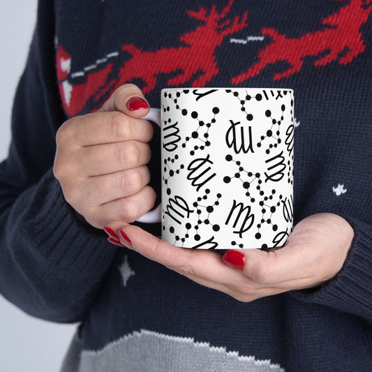 Ceramic Mug, (11oz, 15oz), Ceramic Coffee Mug, AOP, Constellation & Symbol, Virgo Zodiac Design