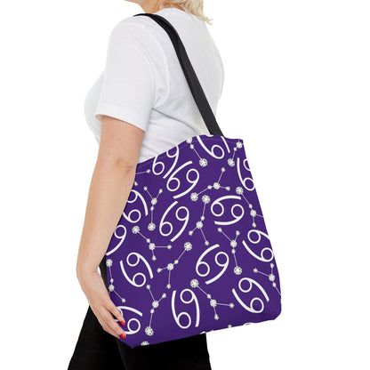 Tote Bag, Cancer Zodiac Sign, AOP, (Purple, White)
