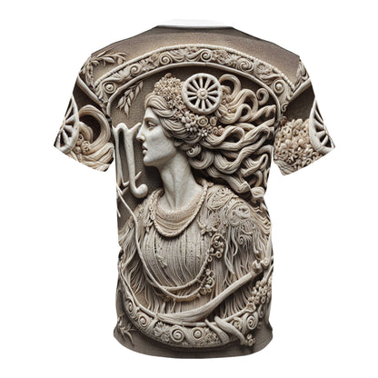 Unisex Cut & Sew T-Shirt (AOP), Lady Stone Carving, Virgo Zodiac Design, Regular fit, 100% Polyester