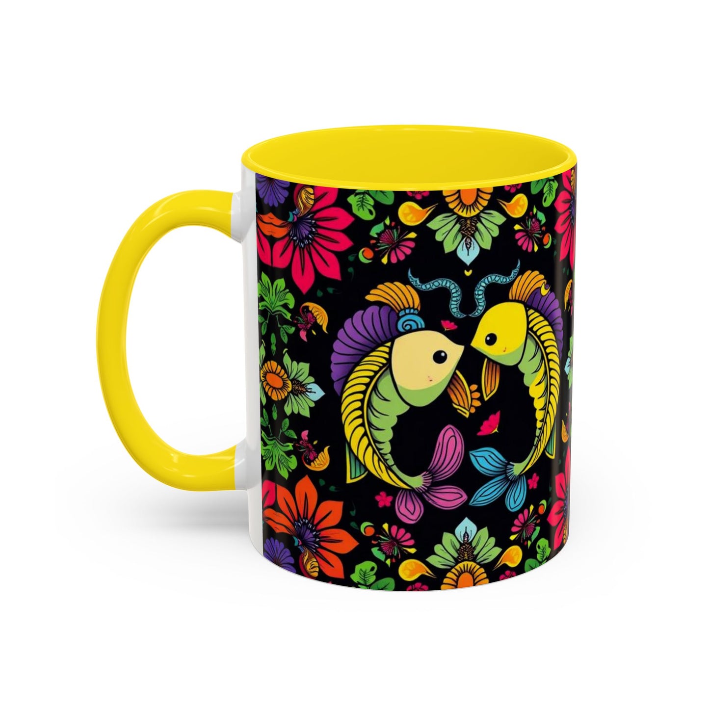 Accent Coffee Mug, Pisces, Zodiac v3, Flower Pattern, (11, 15oz)