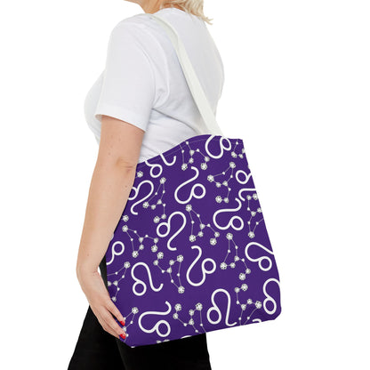 Tote Bag, Leo Zodiac Sign, AOP, (Purple, White)