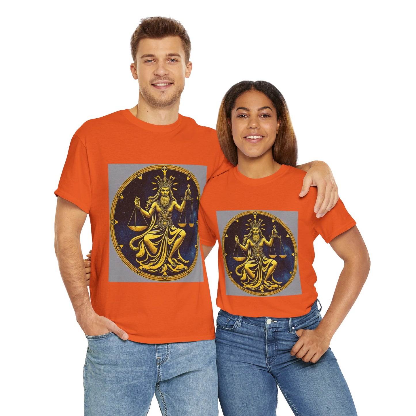 Unisex Heavy Cotton T-Shirt, Gold Libra God, Zodiac Design