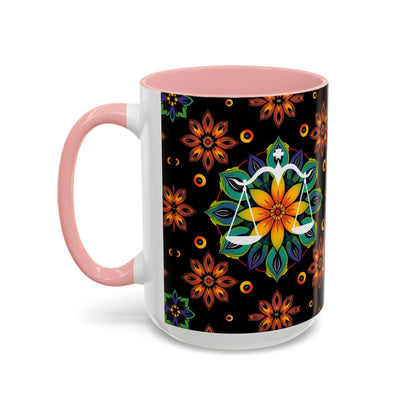Accent Coffee Mug, Libra, Zodiac v4, Flower Pattern, (11, 15oz)