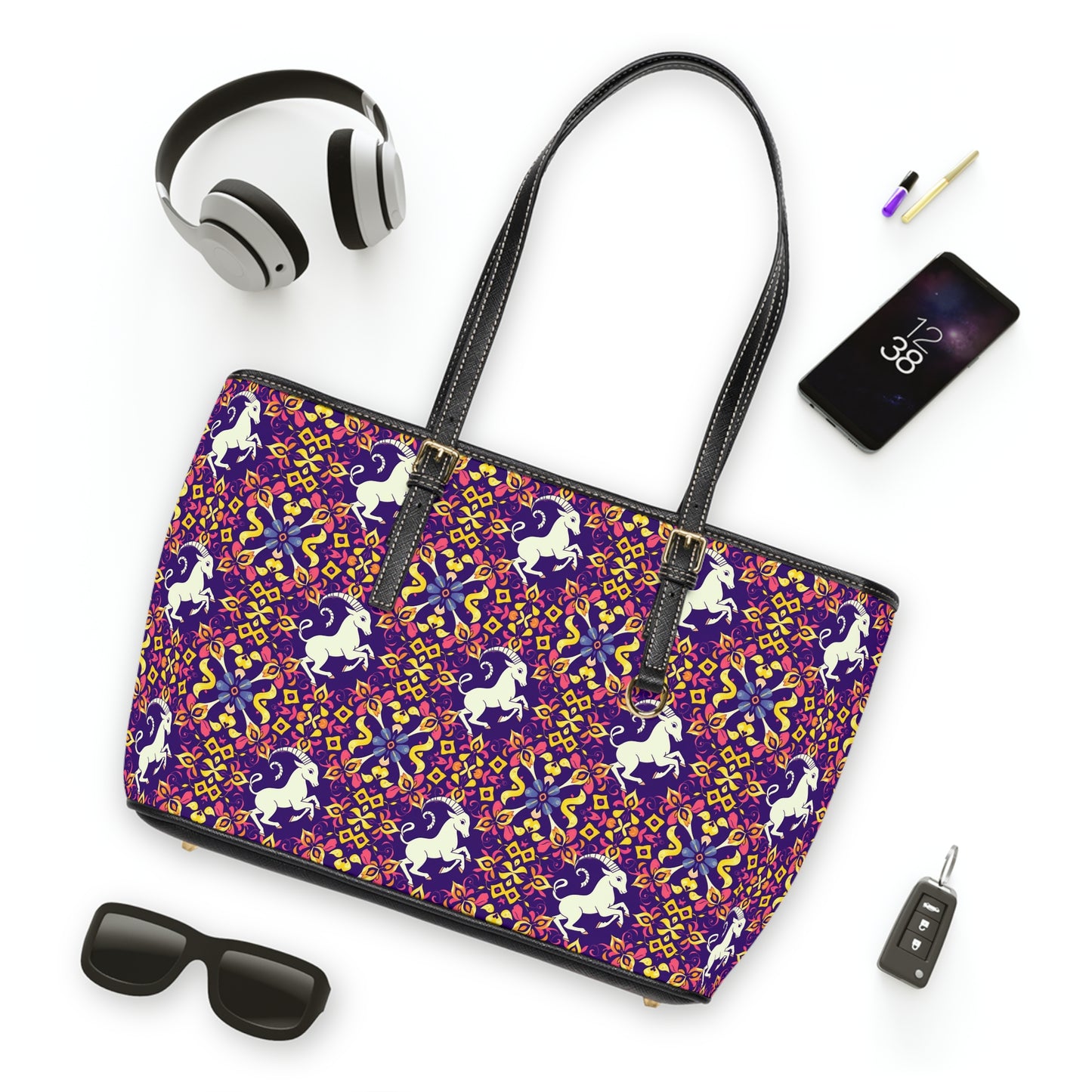 Leather Shoulder Bag, Capricorn, Zodiac v2, Flower Pattern