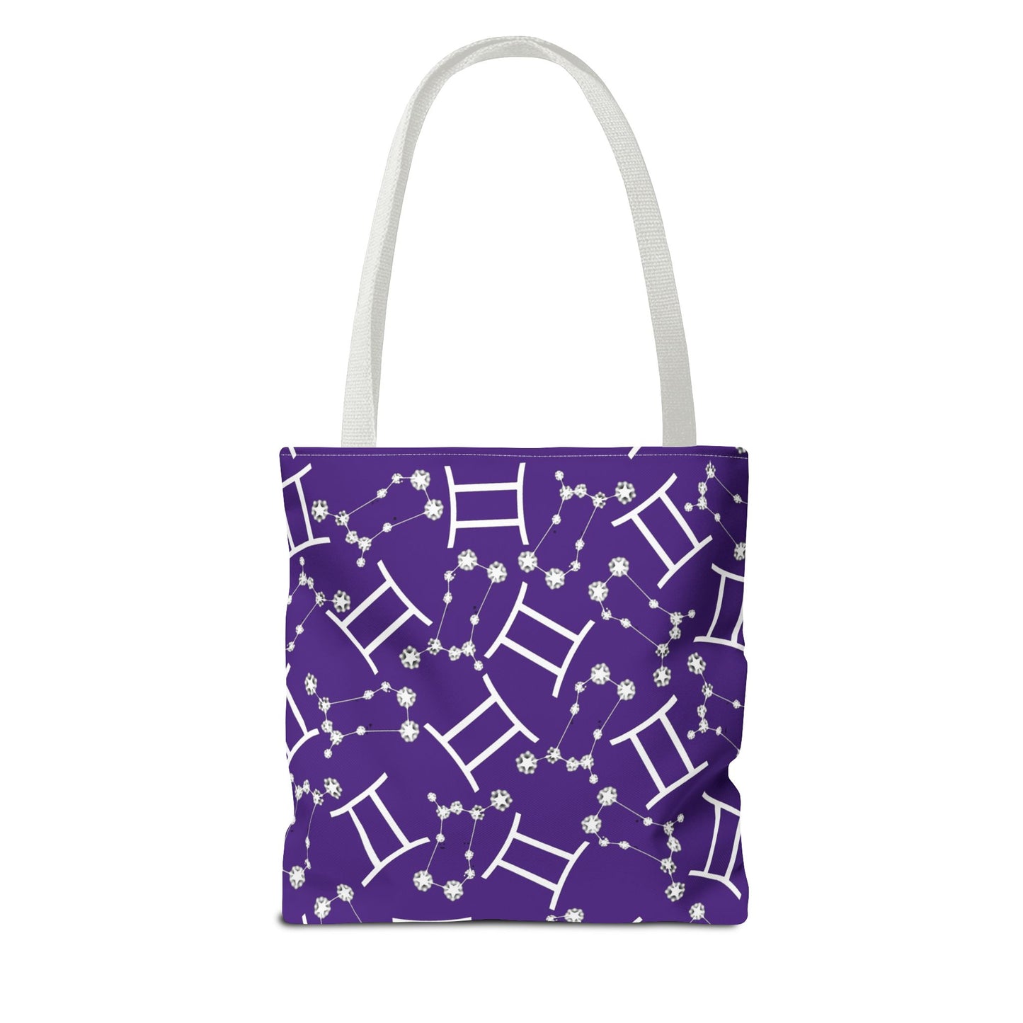 Tote Bag, Gemini Zodiac Sign, AOP, (Purple, White Print)