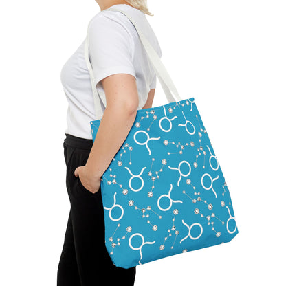 Tote Bag, Taurus Zodiac Sign, AOP, (Turquoise, White)