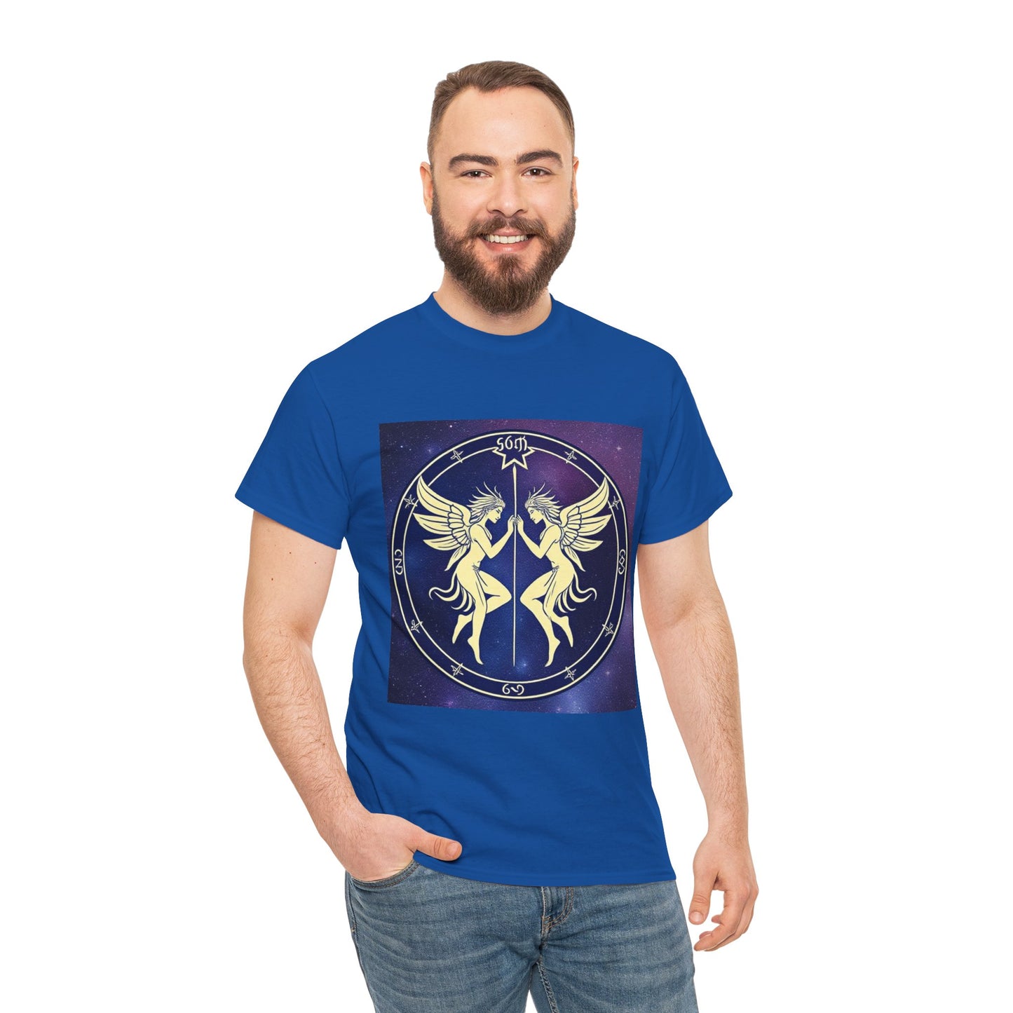 Unisex Heavy Cotton T-Shirt, Space Angel Twins, Gemini Zodiac Design