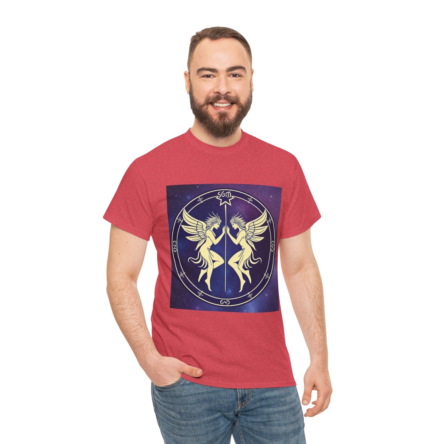 Unisex Heavy Cotton T-Shirt, Space Angel Twins, Gemini Zodiac Design