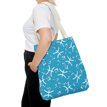 Tote Bag, Pisces Zodiac Sign, AOP, (Turquoise, White)