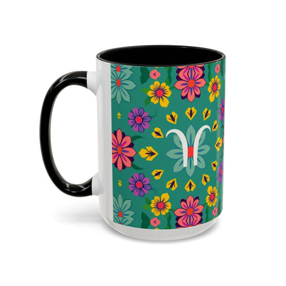 Accent Coffee Mug, Aquarius, Zodiac v3, Flower Pattern, (11, 15oz)