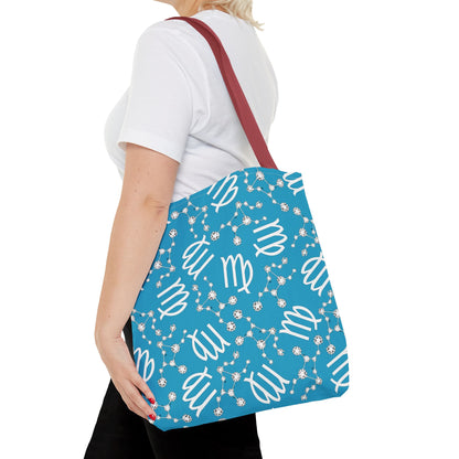 Tote Bag, Virgo Zodiac Sign, AOP, (Turquoise, White)