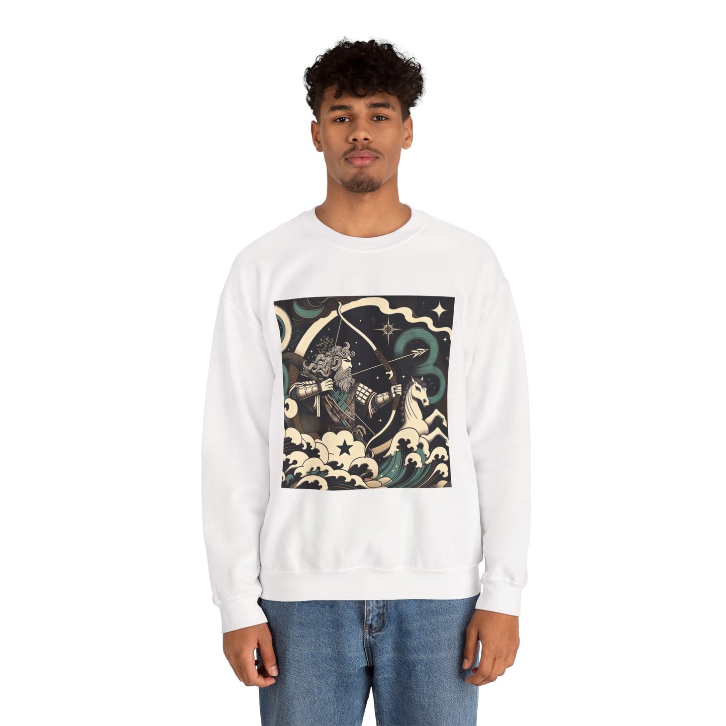 Unisex Heavy Blend™ Crewneck Sweatshirt, Man With Arrow Sagittarius Zodiac Design