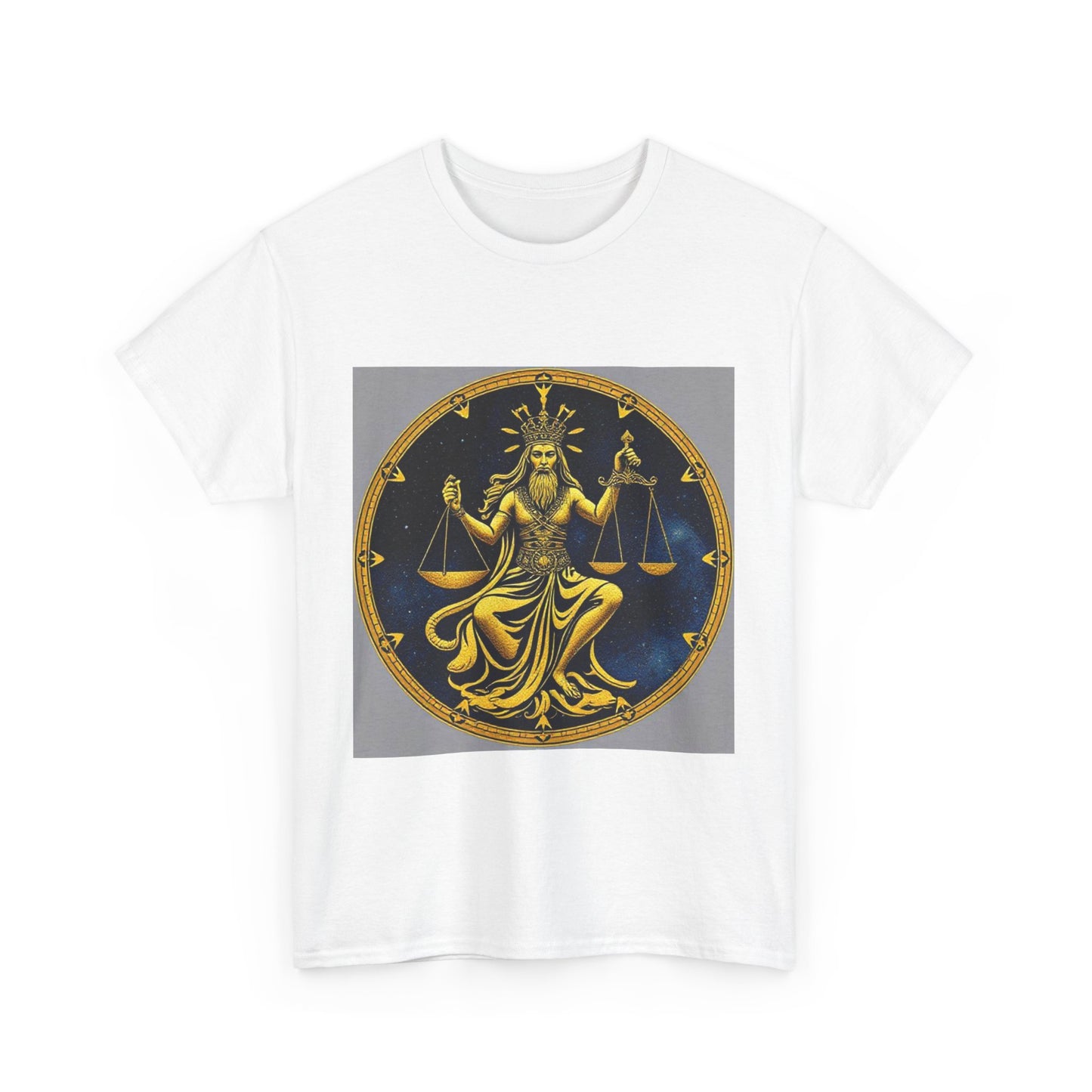 Unisex Heavy Cotton T-Shirt, Gold Libra God, Zodiac Design