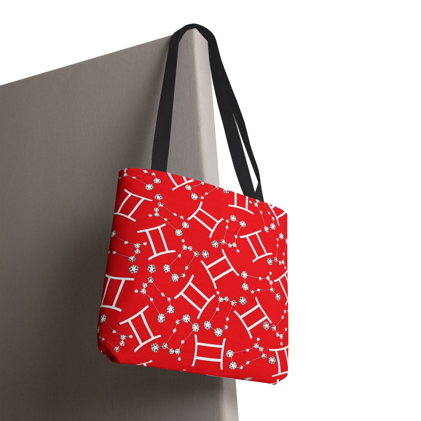 Tote Bag, Gemini Zodiac Sign, AOP, (Red, White Print)