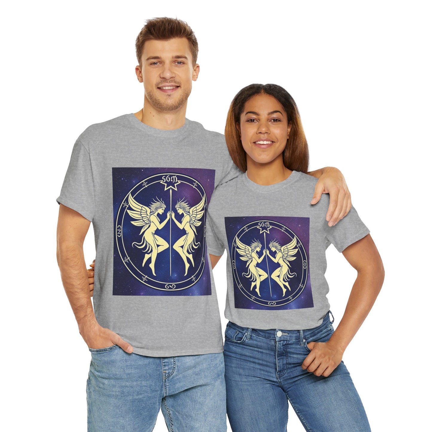 Unisex Heavy Cotton T-Shirt, Space Angel Twins, Gemini Zodiac Design
