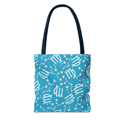 Tote Bag, Virgo Zodiac Sign, AOP, (Turquoise, White)