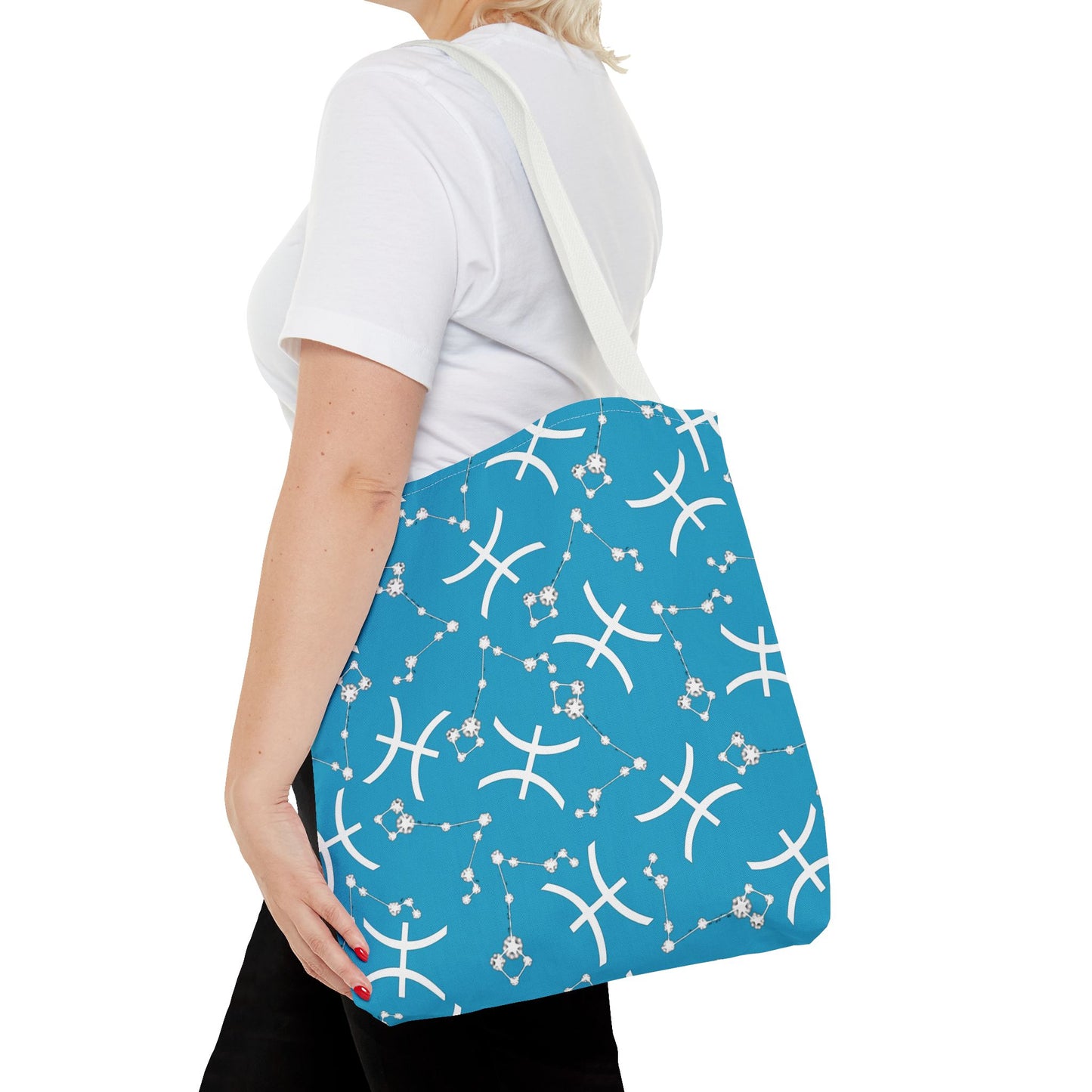Tote Bag, Pisces Zodiac Sign, AOP, (Turquoise, White)