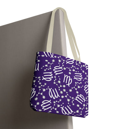 Tote Bag, Virgo Zodiac Sign, AOP, (Purple, White)