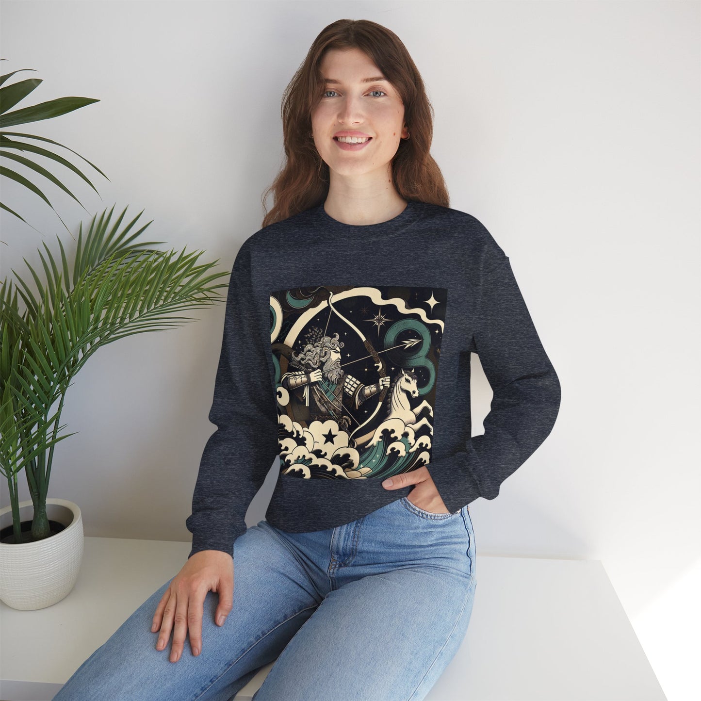 Unisex Heavy Blend™ Crewneck Sweatshirt, Man With Arrow Sagittarius Zodiac Design