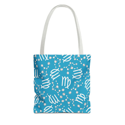 Tote Bag, Virgo Zodiac Sign, AOP, (Turquoise, White)