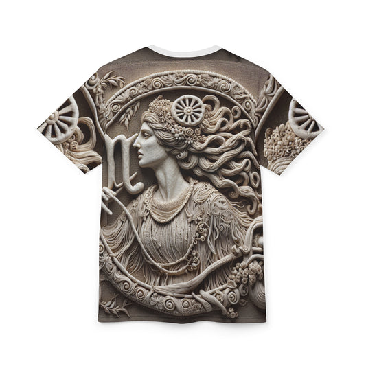 Unisex Cut & Sew T-Shirt (AOP), Lady Stone Carving, Virgo Zodiac Design, Regular fit, 100% Polyester
