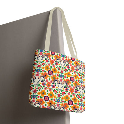 Tote Bag, (AOP), Aries, Zodiac v2, Flower Pattern