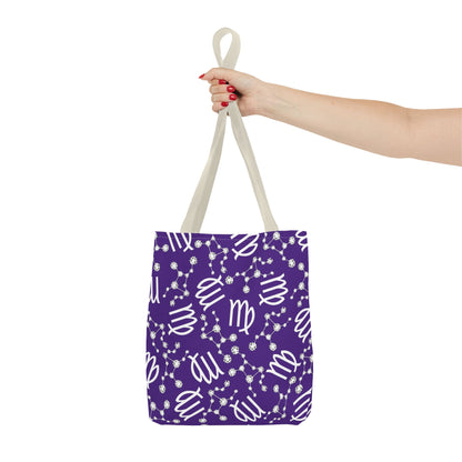 Tote Bag, Virgo Zodiac Sign, AOP, (Purple, White)