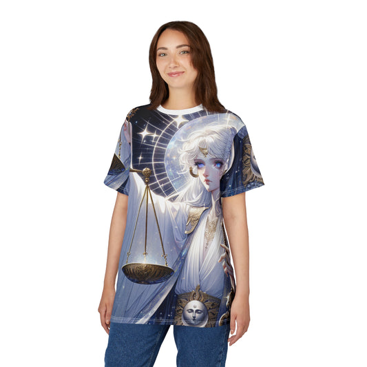 Unisex Cut & Sew T-Shirt (AOP), Angel with Scale, Libra Zodiac Design, Regular fit, 100% Polyester