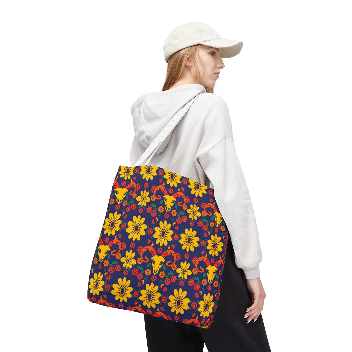 Tote Bag, (AOP), Aries, Zodiac v5, Flower Pattern