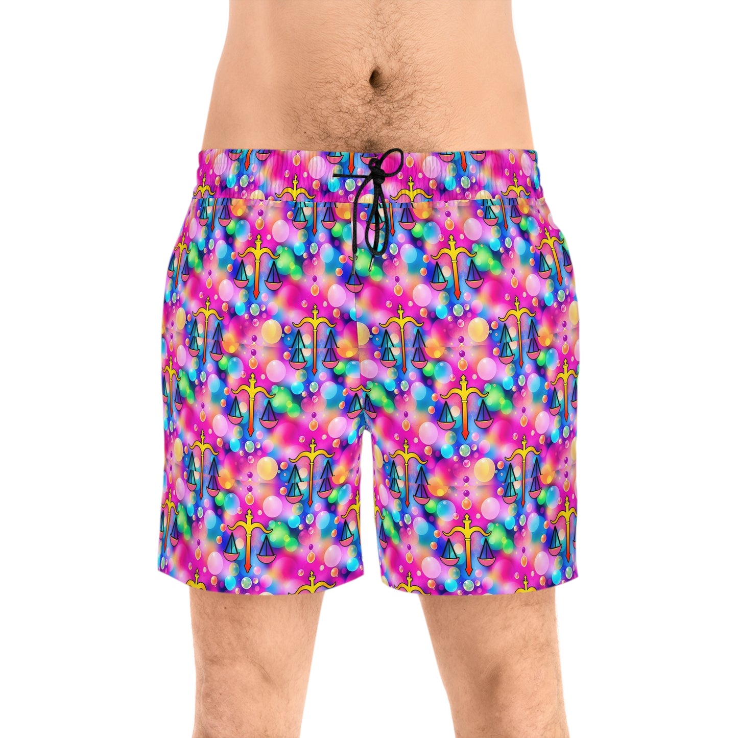 Men's Mid-Length Swim Shorts, (AOP), Libra, Zodiac v1, Bubble Pattern