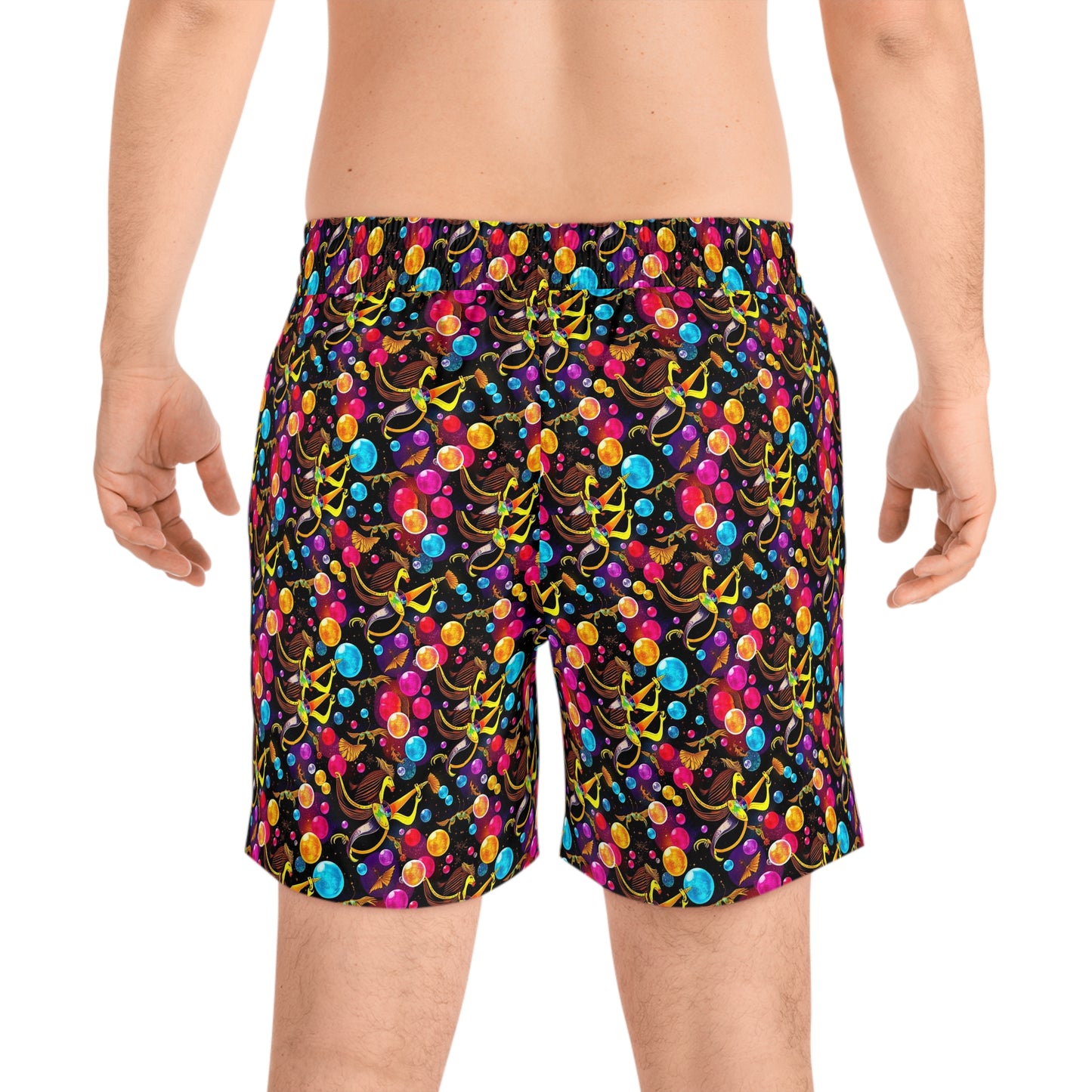 Men's Mid-Length Swim Shorts, (AOP), Sagittarius, Zodiac v2, Bubble Pattern