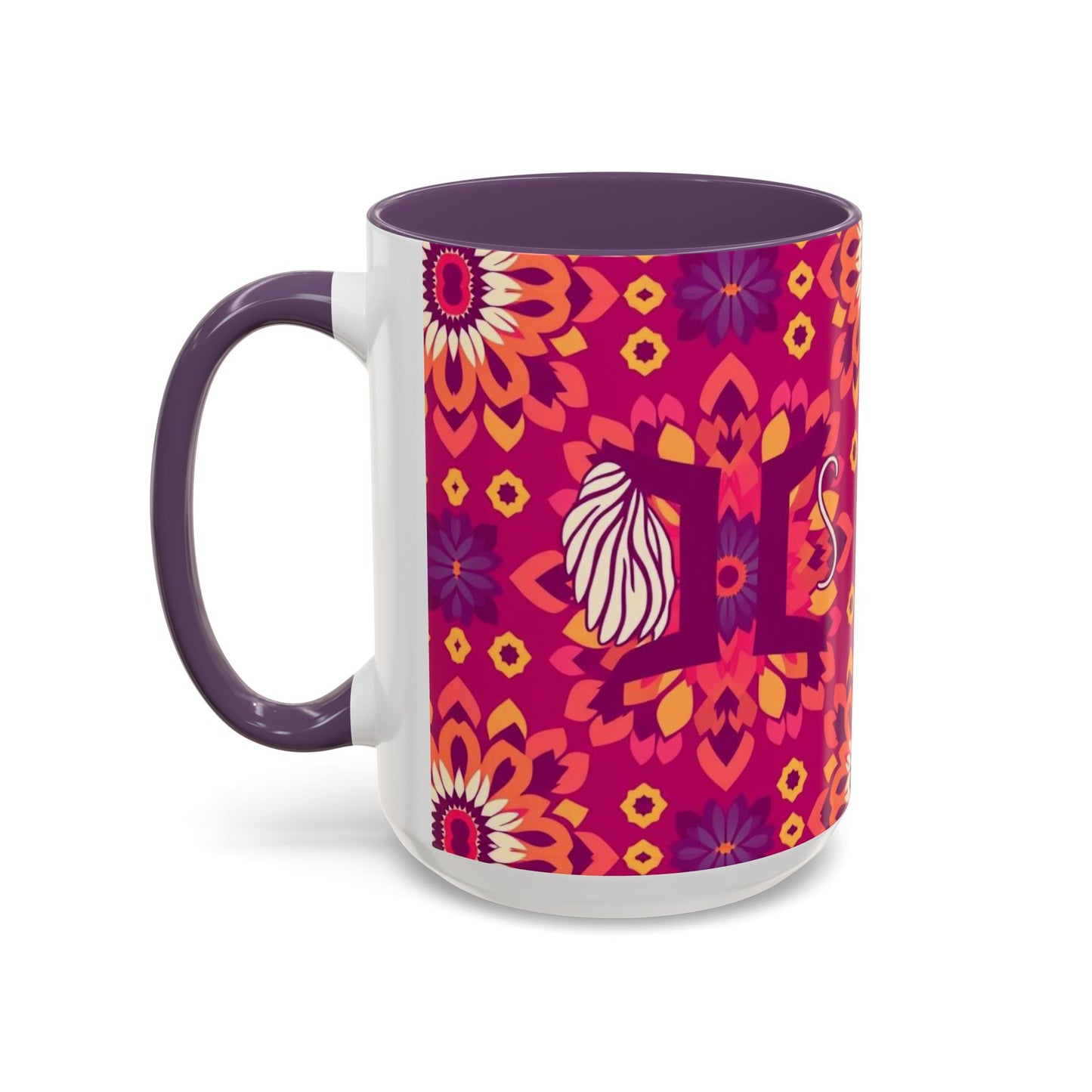 Accent Coffee Mug, Gemini, Zodiac v1, Flower Pattern, (11, 15oz)