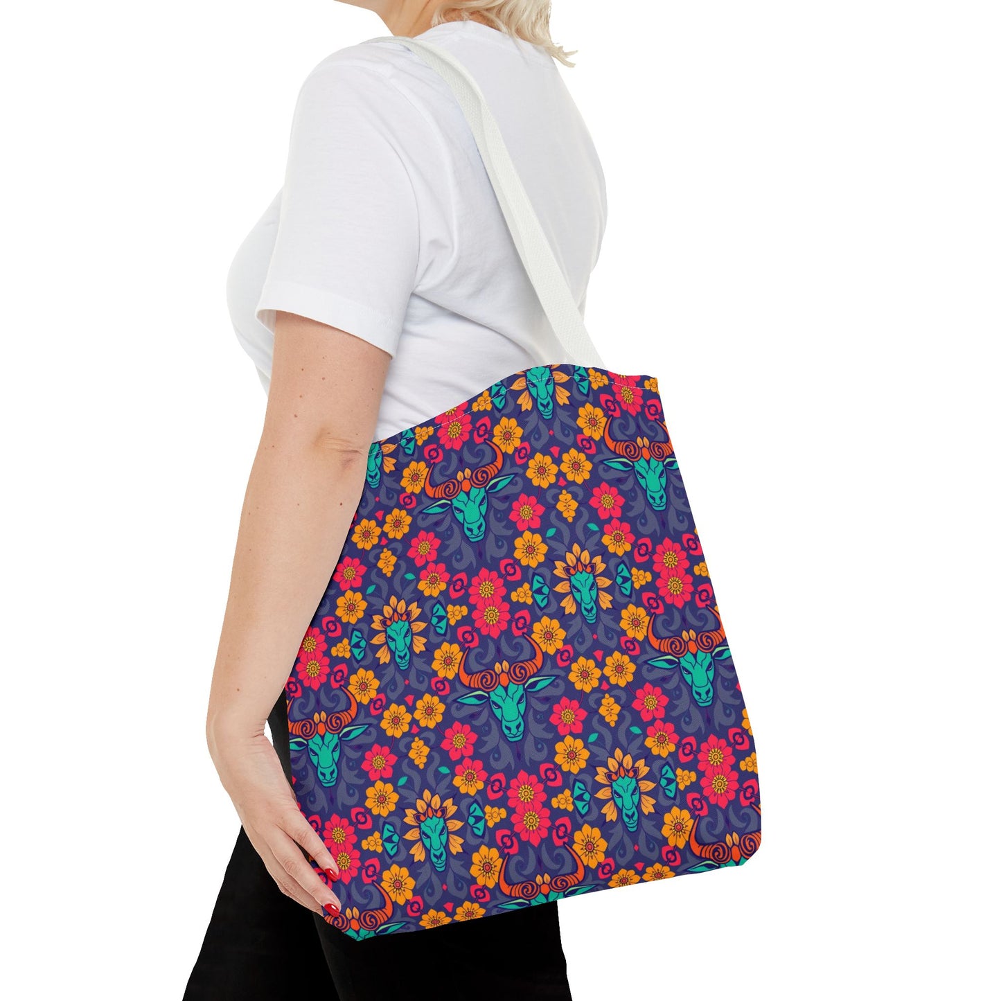Tote Bag, (AOP), Taurus, Zodiac v1, Flower Pattern