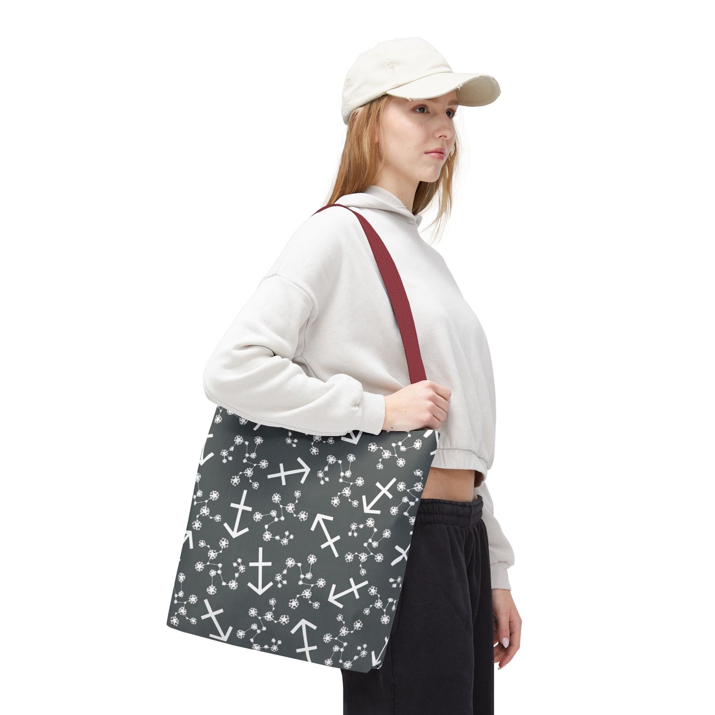 Tote Bag, Sagittarius Zodiac Sign, AOP, (Grey, White Print)