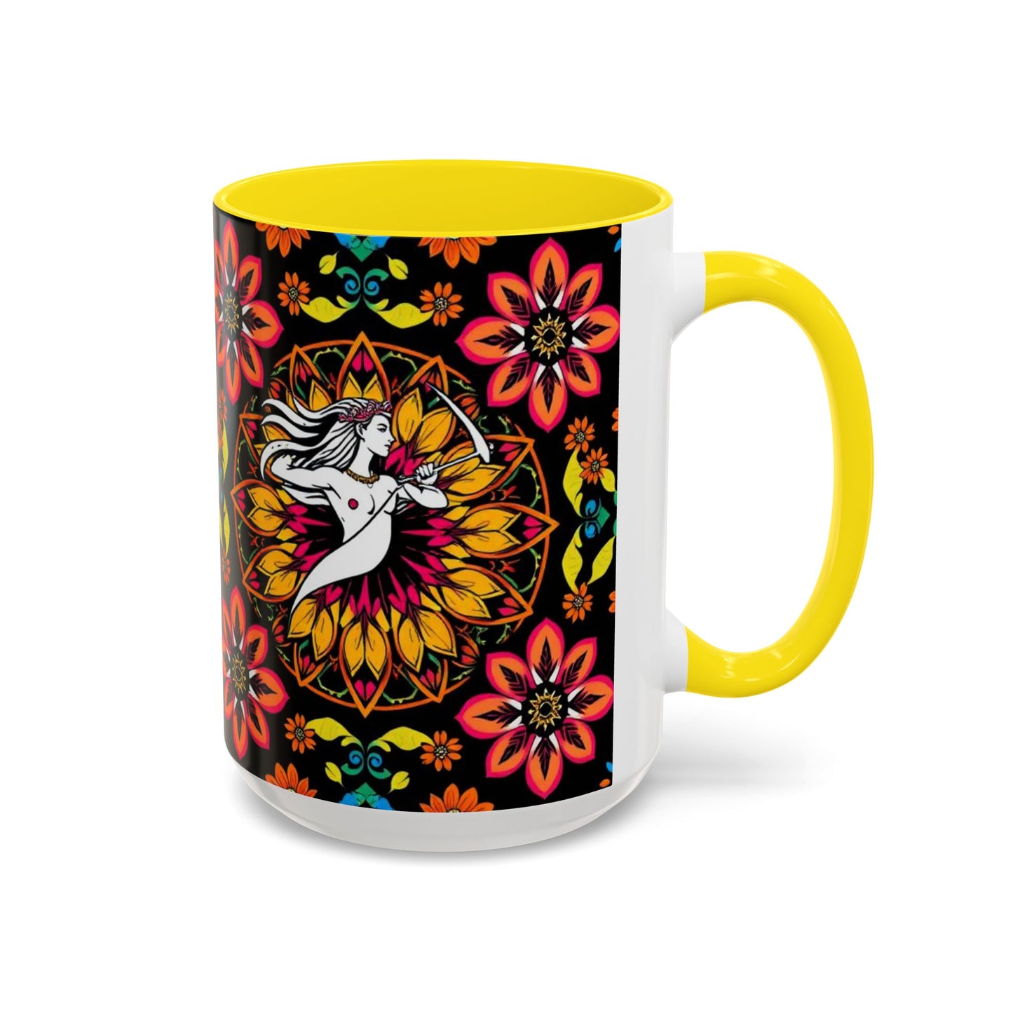 Accent Coffee Mug, Sagittarius, Zodiac v2. Flower Pattern, (11, 15oz)