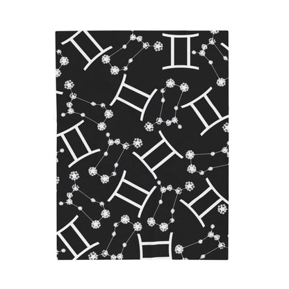 Velveteen Plush Blanket, Gemini Zodiac Sign, Constellation & Symbol, Black, 100% polyester