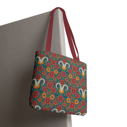 Tote Bag, (AOP), Aries, Zodiac v1, Flower Pattern