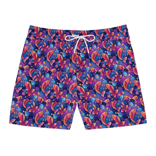 Men's Mid-Length Swim Shorts, (AOP), Pisces, Zodiac v2, Bubble Pattern