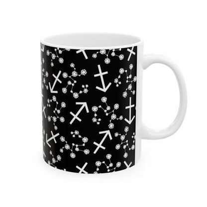 Ceramic Mug, (11oz, 15oz), Ceramic Coffee Mug, Black AOP, Sagittarius Zodiac Design