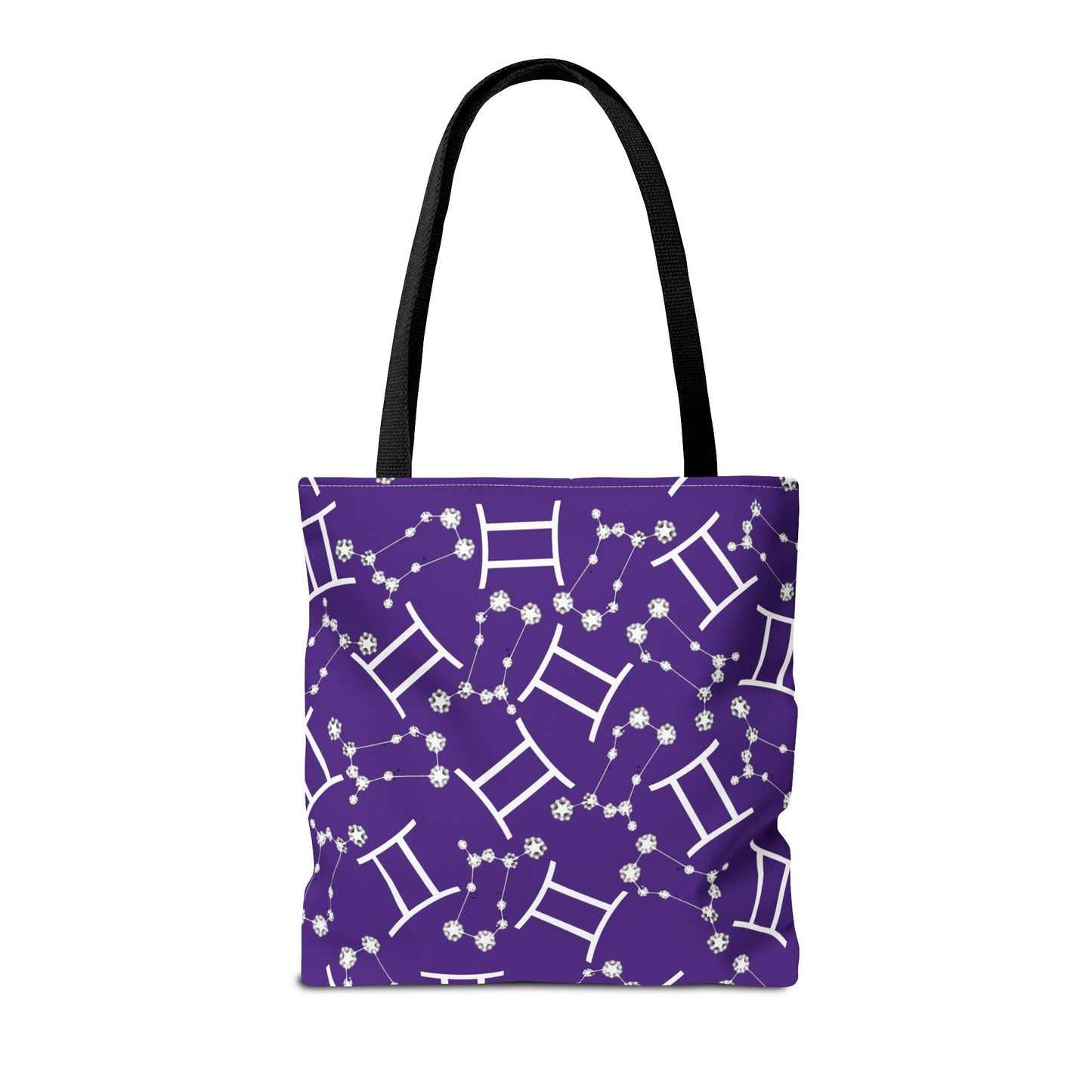 Tote Bag, Gemini Zodiac Sign, AOP, (Purple, White Print)