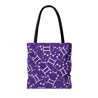 Tote Bag, Gemini Zodiac Sign, AOP, (Purple, White Print)