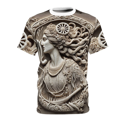 Unisex Cut & Sew T-Shirt (AOP), Lady Stone Carving, Virgo Zodiac Design, Regular fit, 100% Polyester