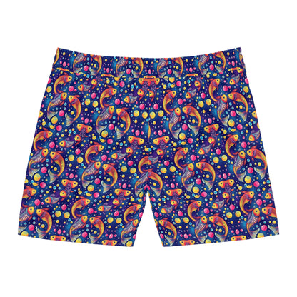 Men's Mid-Length Swim Shorts, (AOP), Pisces, Zodiac v4, Bubble Pattern