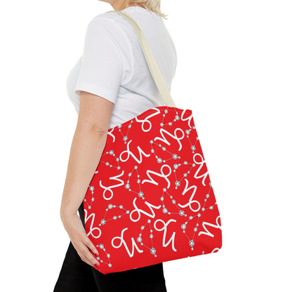 Tote Bag, Capricorn Zodiac Sign, AOP, (Red, White)