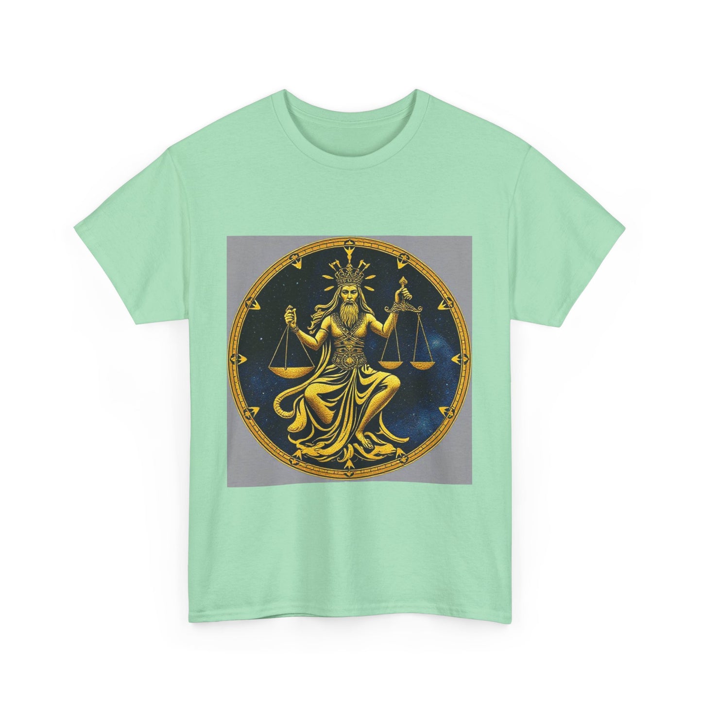 Unisex Heavy Cotton T-Shirt, Gold v1, Libra God, Zodiac Design