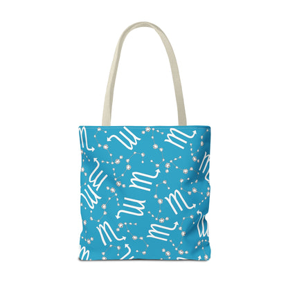 Tote Bag, Scorpio Zodiac Sign, AOP, (Turquoise, White)