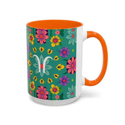Accent Coffee Mug, Aquarius, Zodiac v3, Flower Pattern, (11, 15oz)